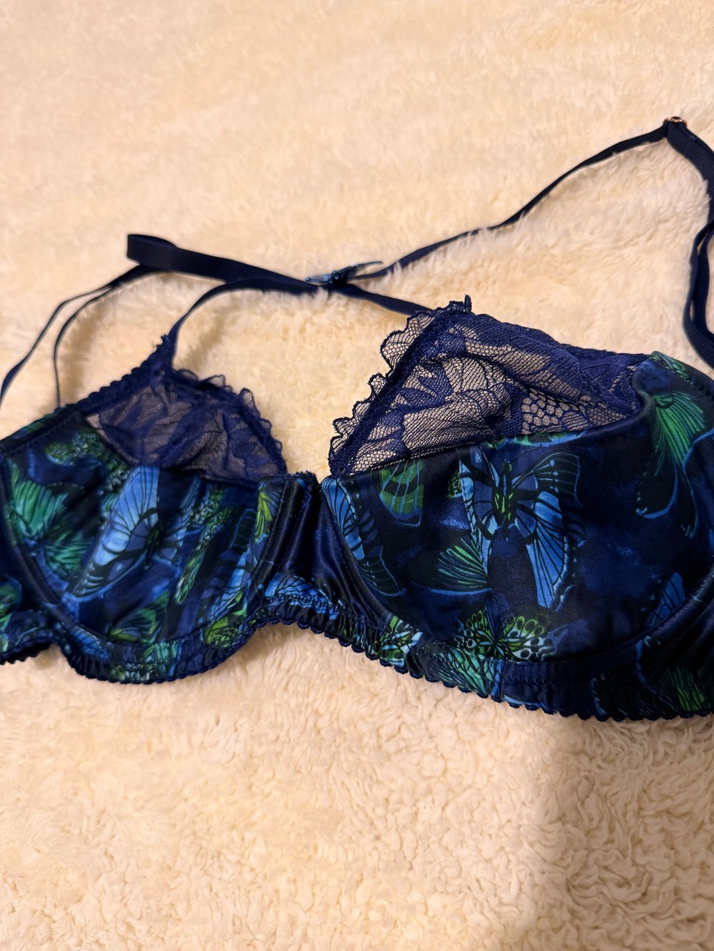 Savage X Fenty Navy Blue and Green Lace-Trim Underwire Bra